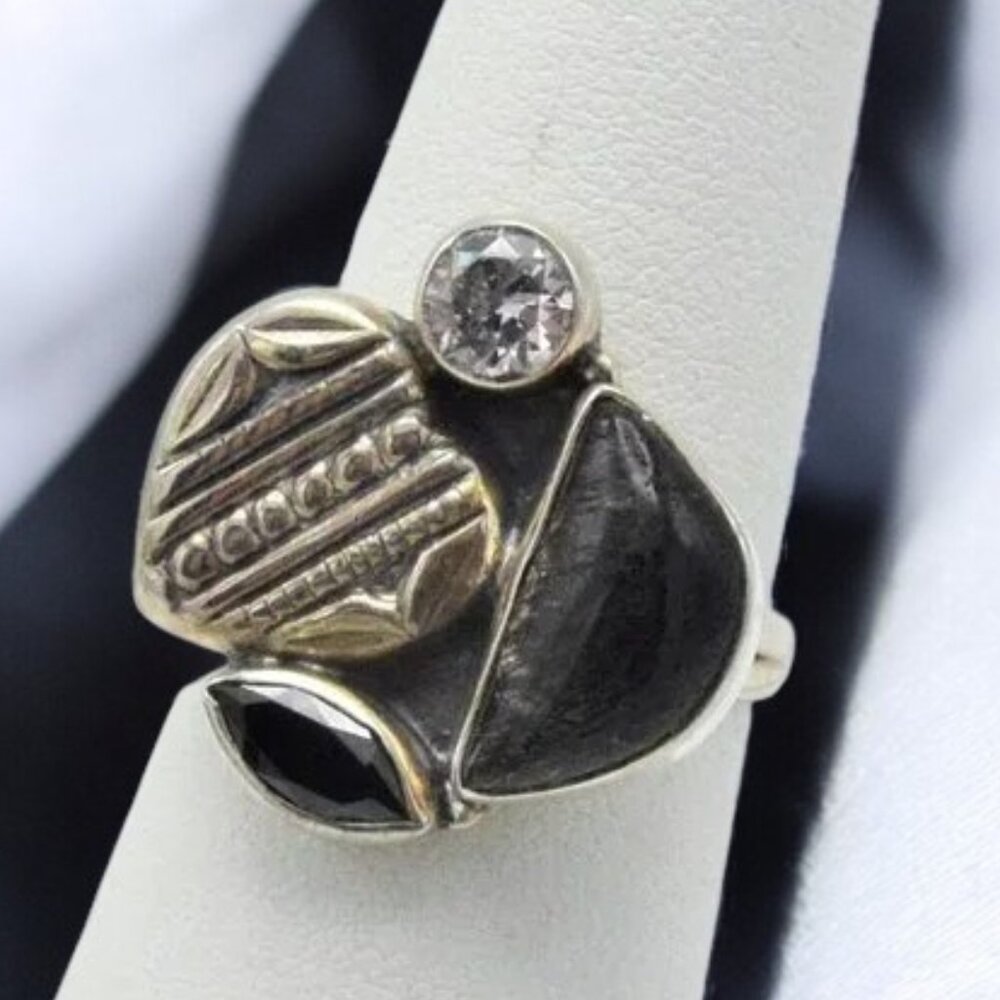 Vintage Sterling Silver Ring Clear & Black Tourmaline Gemstones Heart